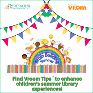 Advertisement for summer library program. Rainbow with book underneath and children on top.